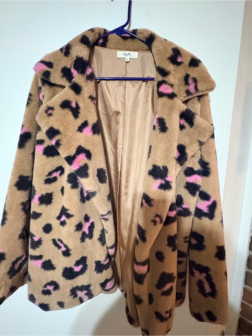 Knit Camel Teddy Jacket with Pink & Black Leopard Print